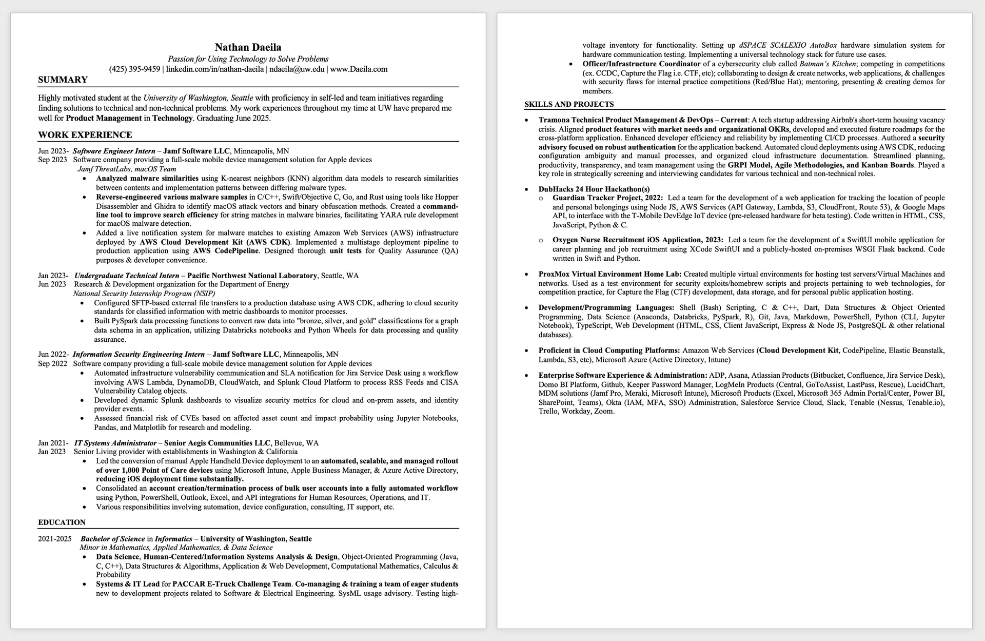 Nathan Daeila’s resume, two pages